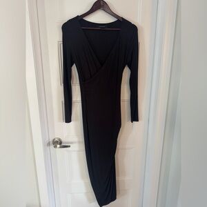 Marciano Black Long-Sleeve Surplice Midi Dress